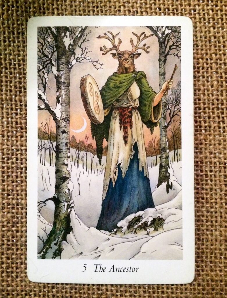 The Ancestor from the Wildwood tarot, shamelessly stolen from 
https://partingthemists.com/2020/04/30/todays-card-the-ancestor-is-here-to-guide-us/, who might or might not have stolen it themselves. i don't know.